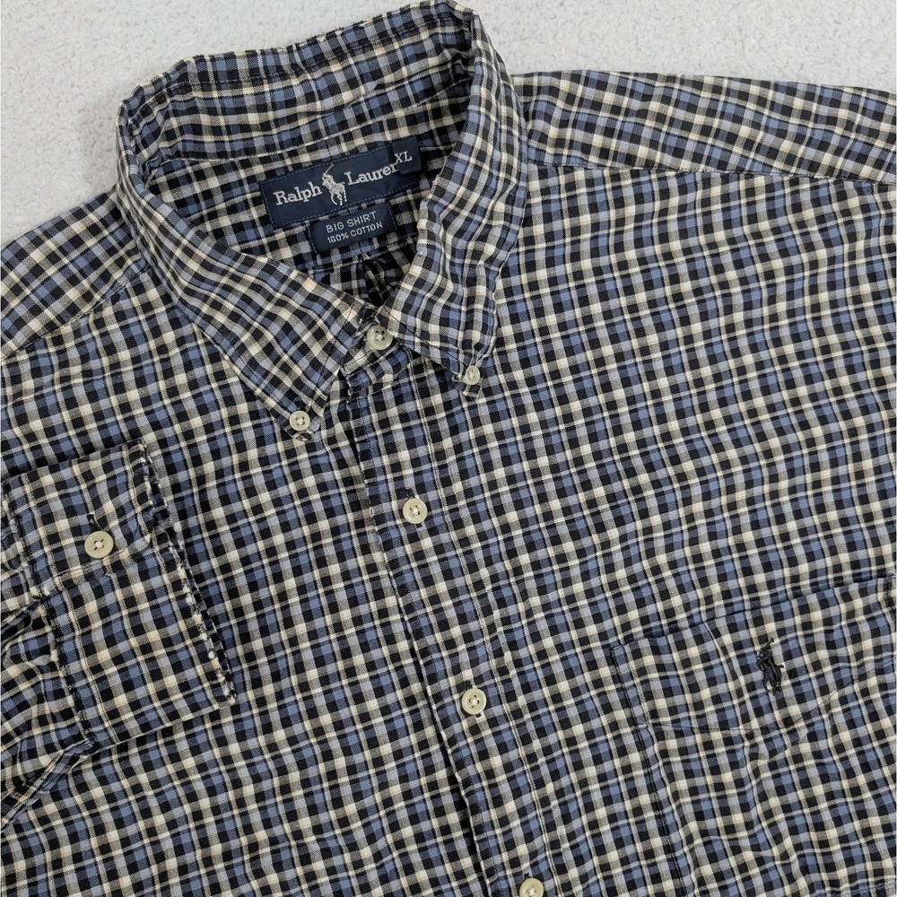 Vintage Ralph Lauren Big Shirt Mens XL Plaid Long Sleeve Button Pocket Pony Logo